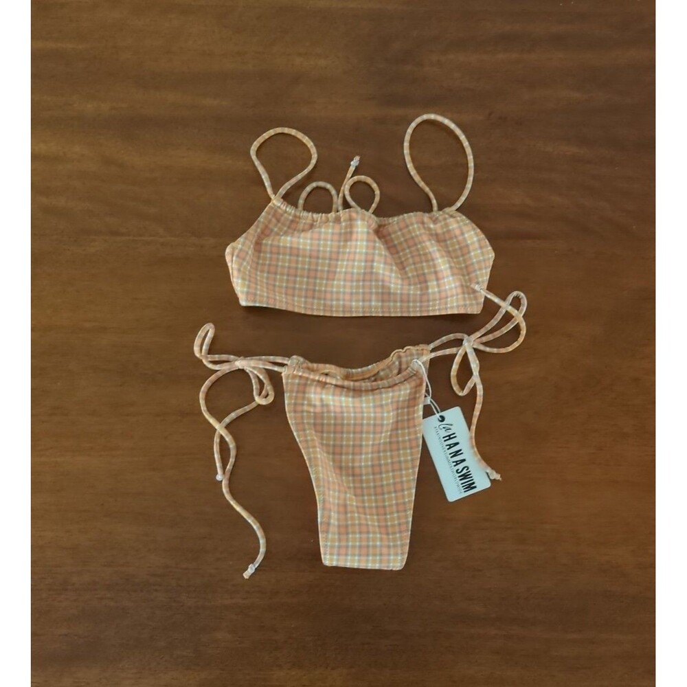 Lahana Swim creamsicle plaid "Birdie" top / side tie bottom set NWT size MED - Picture 2 of 7